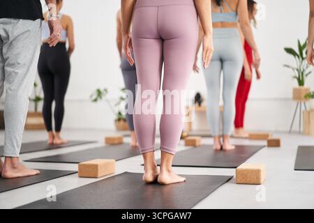 Nicht erkennbare Gruppe von Yogastudenten im Unterricht. Rückansicht des Stands verschiedener Menschen beim Üben. Stockfoto