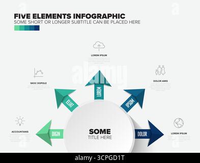 Eine Infografik-Vorlage mit fünf Elementen mit einem zentralen Kreis und Richtungspfeilen, die nach außen zeigen. Das übersichtliche Infografik-Design enthält verschiedene Symbole Stock Vektor