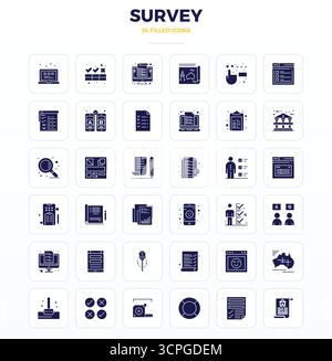 Unverzichtbares Paket mit 36 PIXEL Perfect Vektorsymbolen für Survey im SolidFill-Format, Größe 128x128 für optimale Leistung und Skalierbarkeit. Stock Vektor