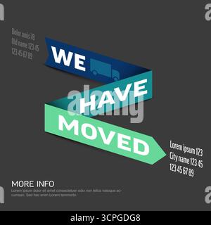 Ein dynamischer Flyer mit „Wir haben uns bewegt“-Bannerband mit einem im Lieferumfang enthaltenen Symbol für den fahrenden Lkw und Adressdetails. Ideal zum Ändern der Adresse, perfekt für Stock Vektor