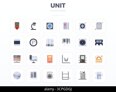 Dieser Satz von 24 minimalen flachen Vektorsymbolen erfasst Einheitenthemen in perfekter Qualität mit 128x128 PIXELN, perfekt für technische und geschäftliche Anwendungen. Stock Vektor