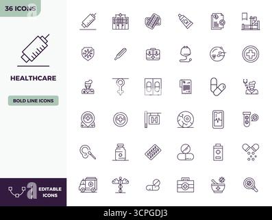Professionell gestaltete 36-Vektorsymbole in Heavy Line, die das Wesen des Gesundheitswesens mit 128x128 PIXEL perfekter Präzision für UI-Design erfassen. Stock Vektor