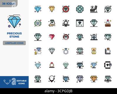 Zeitgenössische Sammlung von 36 Vektorsymbolen, die Edelstein in flacher Linealfarbe darstellen, mit 128x128 PIXEL, perfekter Auflösung für Stock Vektor