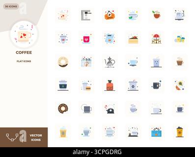 Raffiniertes Paket mit 36 flachen Vektorsymbolen für Kaffee, optimiert mit 128x128 PIXELN perfekte Qualität für elegante und funktionale Designlösungen. Stock Vektor