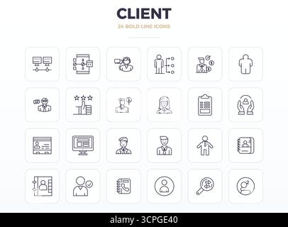 Verwandeln Sie Ihre Designs mit 24 starken Konturvektorsymbolen rund um Client, die in einer perfekten Auflösung von 128x128 PIXELN für maximale Klarheit entwickelt wurden. Stock Vektor