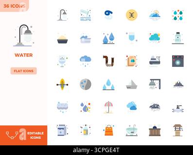 Intelligent gestaltete 36 PIXEL perfekte Vektorsymbole, inspiriert von Wasser, im Flat Color-Format bei 128x128 für intelligentes und effizientes Design Stock Vektor