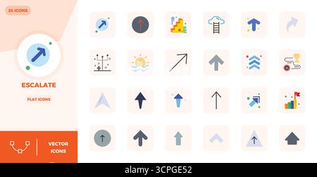 Meisterhaft erstellte 24 Vektorsymbole, die Eskalate im flachen Design darstellen, mit einer perfekten Auflösung von 128x128 PIXELN für außergewöhnliche Bildqualität. Stock Vektor