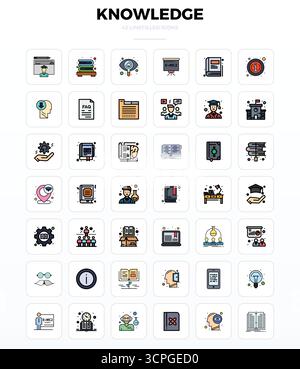 Laden Sie 42 skalierbare LineFill-Vektorsymbole herunter, die speziell für das Wissen entwickelt wurden. Sie verfügen über eine Auflösung von 128x128 PIXELN, die für professionelle und kreative Anwendungen geeignet ist Stock Vektor