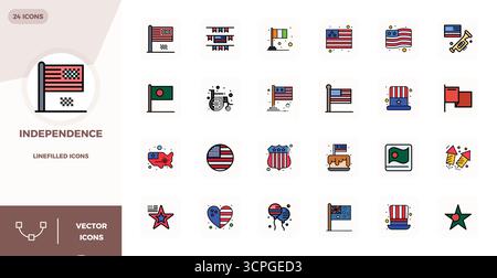 Kuratiertes Paket mit 24 128 x 128 Vektorsymbolen in LineFilled Design, zentriert um Independence-Konzepte mit perfekter PIXELKLARHEIT. Stock Vektor