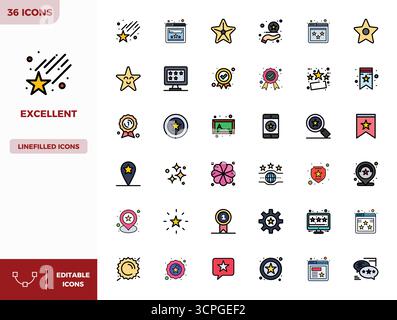 Fortschrittliche Sammlung von 36 PIXEL Perfect Vektor-Symbolen, inspiriert von Excellent, gefertigt in Flat Lineal Color mit 128x128-Optimierung für hervorragende visuelle Qualität Stock Vektor
