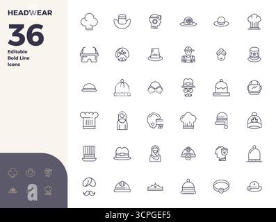 Sorgfältig gefertigte 36 Bold Line Vektor-Symbole für Kopfbedeckungen, geliefert in 128x128 PIXEL perfekter Qualität für kompromisslose Designstandards. Stock Vektor