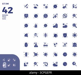 Verbessern Sie Ihre Projekte mit 42 Glyph-gefüllten Vektorsymbolen rund um Keim, mit einer perfekten Auflösung von 128x128 PIXELN, ideal für saubere und professionelle Anwendungen Stock Vektor