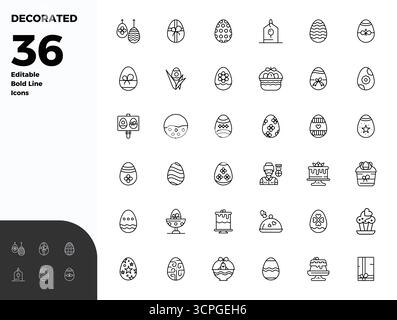 Zukunftsweisendes Paket mit 36 Vektorsymbolen rund um dekorierte Elemente, das Bold Line-Design mit 128x128 PIXELN und perfekter Klarheit für innovative Benutzer bietet Stock Vektor