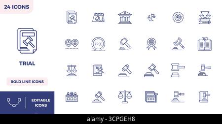 Zeitgenössische Sammlung von 24 Vektorsymbolen, die Trial in Heavy Line-Ästhetik darstellen, mit einer perfekten Auflösung von 128x128 PIXELN für moderne Anwendungen Stock Vektor