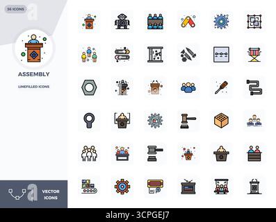 Strategisches Paket mit 36 Vektorsymbolen, die die Baugruppe im LineFilled-Format darstellen, optimiert mit 128x128 PIXELN perfekte Qualität für Profis Stock Vektor