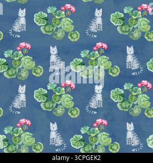 Graue Tabby-Katzen, grüne Geranienblätter und rosa Blumen nahtloses Muster auf blauem Hintergrund. Zartes und verspieltes Material Stockfoto