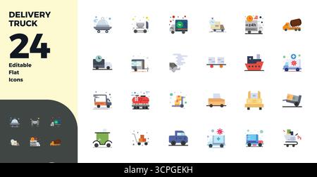 Exklusive Sammlung von 24 flachen Vektorsymbolen für Delivery Truck, entwickelt mit einer perfekten Auflösung von 128x128 PIXELN für erstklassige Markenerlebnisse. Stock Vektor