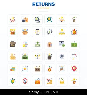 Sorgfältig gefertigte 36 Minimal Flat Vektor-Symbole für Retouren, geliefert in 128x128 PIXEL perfekter Qualität für kompromisslose Designstandards. Stock Vektor