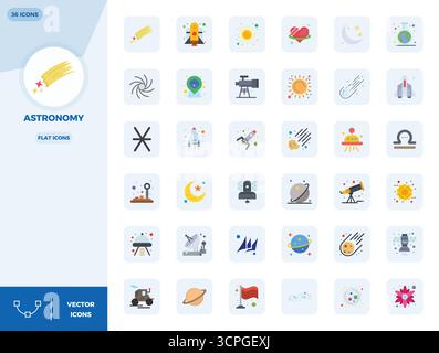 Handgefertigte Kollektion mit 36 flachen Vektorsymbolen für Astronomie, optimiert in einer Auflösung von 128x128 PIXELN für erstklassige digitale Erlebnisse. Stock Vektor