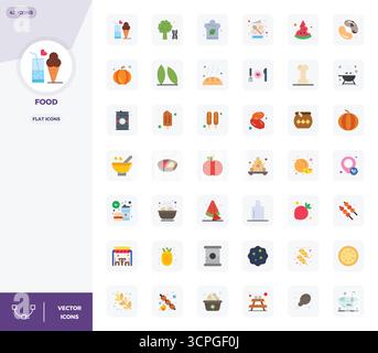 Ausgeklügeltes Paket mit 42 flachen Vektorsymbolen für Lebensmittel, entwickelt mit 128x128 PIXELN perfekte Klarheit für professionelle Anwendungen. Stock Vektor