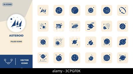 Umfassendes Paket mit 24 Vektorsymbolen im gefüllten Design für Asteroiden, in gestochen scharfer Qualität mit 128x128 PIXELN. Stock Vektor