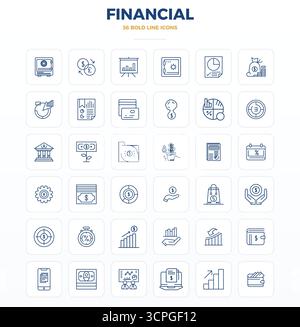 Ausgeklügeltes Paket mit 36 starken Konturvektorsymbolen für Finanzanwendungen, entwickelt mit 128x128 PIXELN für professionelle Anwendungen. Stock Vektor