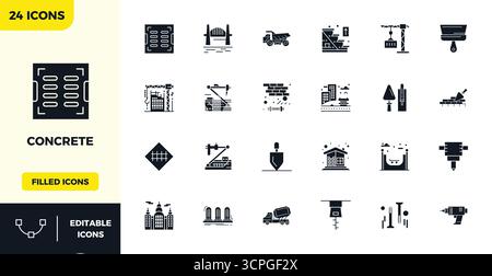 Fortschrittliche Sammlung von 24 PIXEL Perfect Vektorsymbolen, inspiriert von Beton, mit 128x128-Optimierung für überragende visuelle Leistung Stock Vektor