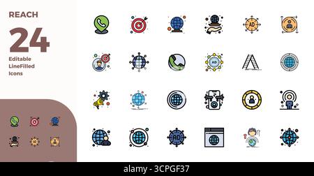 Eine übersichtliche Sammlung von 24 Duotone-Vektorsymbolen, die die Reichweite darstellen, im perfekten Format mit 128x128 PIXELN für moderne Dashboards und Schnittstellen. Stock Vektor