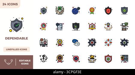 Sorgfältig zusammengestellte 24 flache lineare Farbvektorsymbole für zuverlässige, mit einer perfekten Auflösung von 128x128 PIXELN für eine konsistente Markendarstellung und Stock Vektor