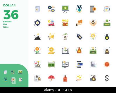 Sorgfältig gefertigte 36 Flat Vector Icons für Dollar, geliefert in 128x128 PIXEL perfekter Qualität für kompromisslose Designstandards. Stock Vektor