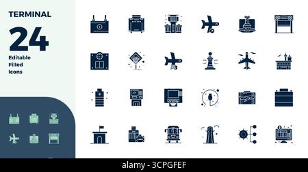 Sorgfältig kuratierte 24 Glyph-gefüllte Vektorsymbole für Terminal, mit einer perfekten Auflösung von 128x128 PIXELN für konsistente Markendarstellung und Benutzer e Stock Vektor