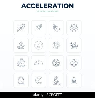 Umfassendes Paket mit 16 Vektorsymbolen im Thin Outline-Design für Beschleunigung in gestochen scharfer Qualität mit 128 x 128 PIXELN. Stock Vektor