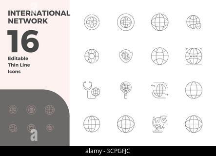 Perfekt ausbalancierte 16 dünne PIXEL perfekte Vektorsymbole für internationales Netzwerk, Größe 128x128 für harmonische Integration in digitales Design PR Stock Vektor