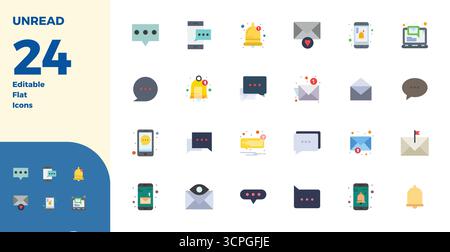 Verwandeln Sie Ihre Designs mit 24 flachen Vektorsymbolen rund um Ungelesen, die in einer perfekten Auflösung von 128x128 PIXELN für maximale Klarheit entwickelt wurden. Stock Vektor
