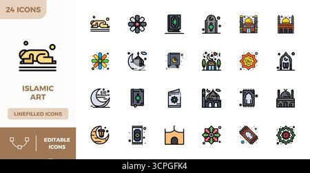 Außergewöhnliche Sammlung von 24 flachen linearen Farbvektorsymbolen für islamische Kunst, geliefert in einer perfekten Auflösung von 128x128 PIXELN für unvergleichliche visuelle Exc Stock Vektor