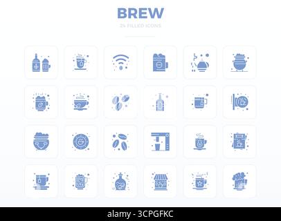 Zukunftsweisendes Paket mit 24 Vektorsymbolen rund um Brew zeigt das SolidFill-Design mit 128x128 PIXELN perfekter Klarheit für innovative Benutzeroberflächen Stock Vektor