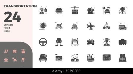 Essential Pack mit 24 PIXEL Perfect Vektorsymbolen für den Transport im Glyph-gefüllten Format, Größe 128x128 für optimale Leistung und Skalierbarkeit. Stock Vektor