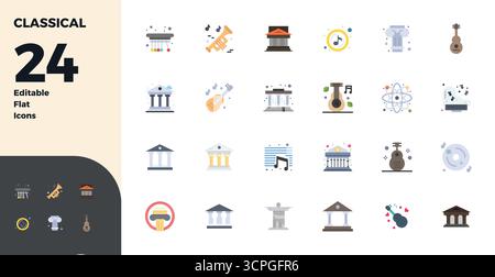 Sorgfältig gefertigte 24 flache Vektorsymbole für Klassik, geliefert in 128x128 PIXEL perfekter Qualität für kompromisslose Designstandards. Stock Vektor