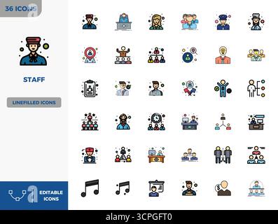 Verwandeln Sie Ihre Designs mit 36 flachen, linearen Farbvektorsymbolen, die rund um das Personal ausgerichtet sind, in einer perfekten Auflösung von 128x128 PIXELN für maximale Klarheit. Stock Vektor