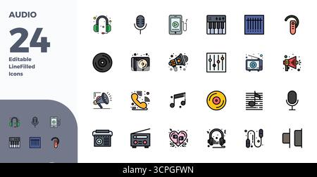 Sammlung von 24 Perfect Vektorsymbolen für Audio mit Duotone PIXELN im Format 128x128 für Klarheit und Vielseitigkeit. Stock Vektor