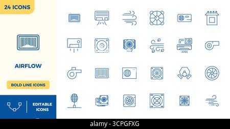 Fortschrittliche Sammlung von 24 PIXEL Perfect Vektorsymbolen, inspiriert von Airflow, gefertigt in Heavy Line mit 128x128-Optimierung für überragende visuelle Leistung Stock Vektor