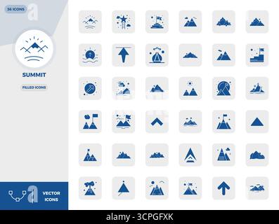 Entsperren Sie 36 PIXEL Perfect Vektor-Symbole, die von Summit inspiriert wurden und im Format 128x128 optimiert wurden, um eine makellose Anzeige auf allen Geräten zu ermöglichen. Stock Vektor