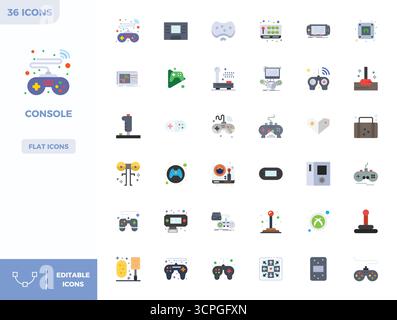 Essential Pack mit 36 PIXEL Perfect Vektor-Symbolen für Konsole im Flat Color-Format, Größe 128x128 für optimale Leistung und Skalierbarkeit. Stock Vektor