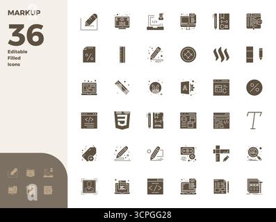 Umfassendes Paket mit 36 Vektorsymbolen in Glyph-gefülltem Design für Markup in gestochen scharfer Qualität mit 128x128 PIXELN. Stock Vektor