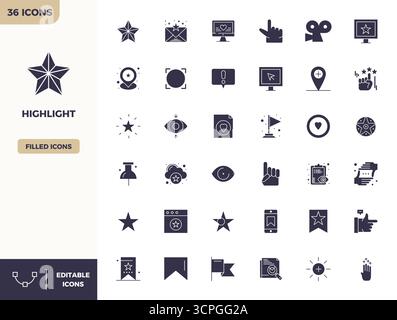 Hochleistungsfähige Sammlung von 36 gefüllten Vektorsymbolen für Highlight, entwickelt mit einer perfekten Auflösung von 128x128 PIXELN für optimale Benutzeroberflächengestaltung Stock Vektor
