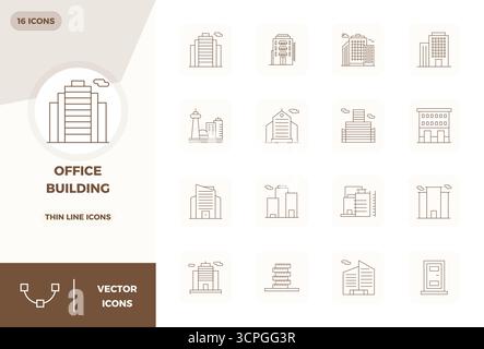Sorgfältig zusammengestellte 16 Thin Line Vektorsymbole für Bürogebäude mit einer perfekten Auflösung von 128x128 PIXELN für eine konsistente Markendarstellung und uns Stock Vektor