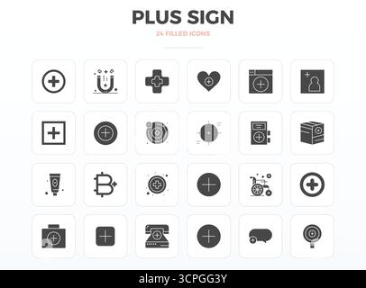 Erweiterte Sammlung von 24 PIXEL Perfect Vektorsymbolen, inspiriert von Plus Sign, gefertigt in SolidFill mit 128x128-Optimierung für überragende visuelle Leistung Stock Vektor