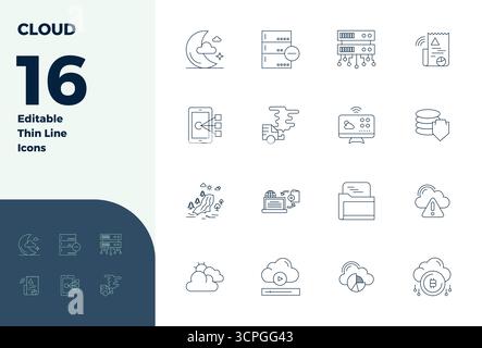Zukunftsweisendes Paket mit 16 Vektorsymbolen rund um die Cloud, das Thin Line Design mit 128x128 PIXELN für eine innovative Benutzeroberfläche präsentiert Stock Vektor