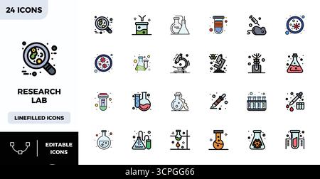 Außergewöhnliche Sammlung von 24 flachen linearen Farbvektorsymbolen für Forschungslabor, mit einer perfekten Auflösung von 128x128 PIXELN für unvergleichliche visuelle Ex-Effekte Stock Vektor