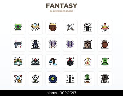 Komplettes Paket mit 24 Vektorsymbolen rund um Fantasy, das LineFill Design in 128x128 PIXEL perfekter Qualität für moderne Schnittstellen präsentiert. Stock Vektor